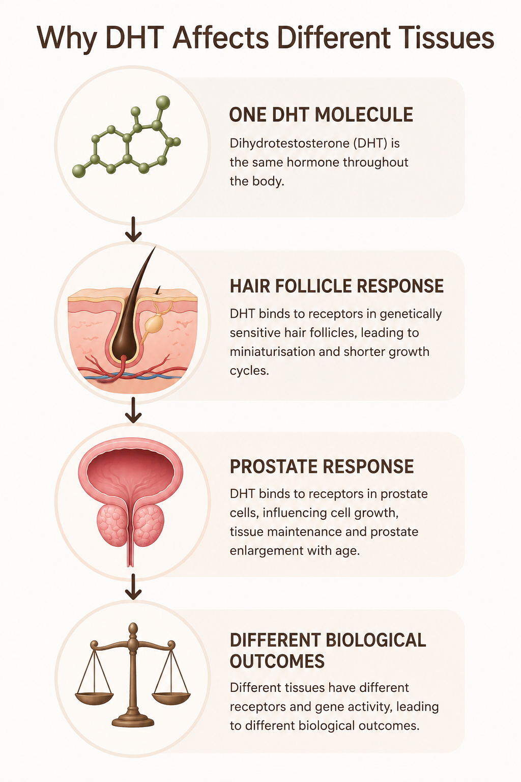 Diagram explaining DHT's effects on hair follicles, prostate, and biological outcomes.