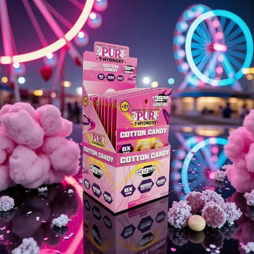 Colorful cotton candy packaging with a ferris wheel in the background.
