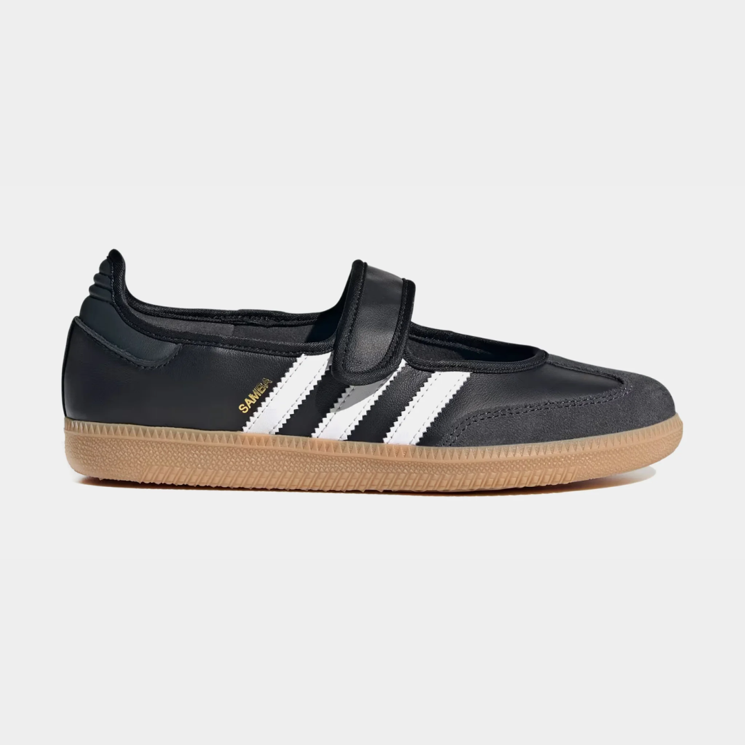 Black athletic shoe with white stripes and a velcro strap.
