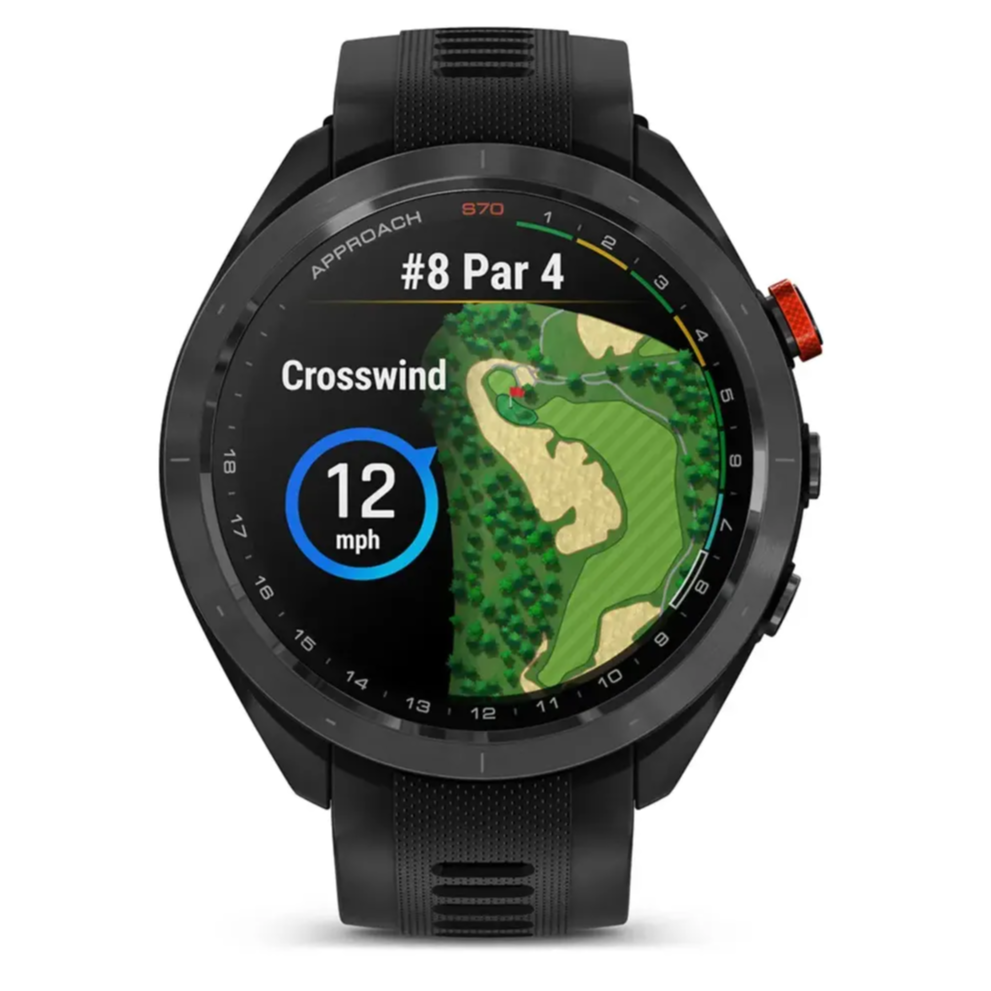 Garmin Approach S70 watch with wind data on the screen and image of the green