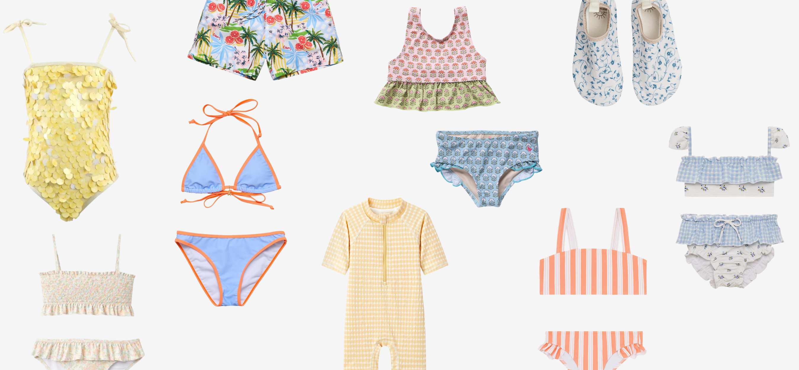 Collection of colorful swimsuits and beachwear for children.