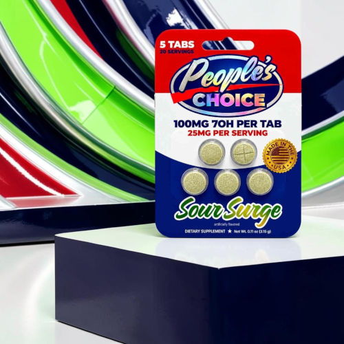 Pack of People's Choice Sour Surge tablets on a display.