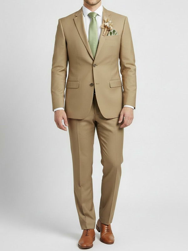 Groomsman wearing a khaki suit with sage necktie