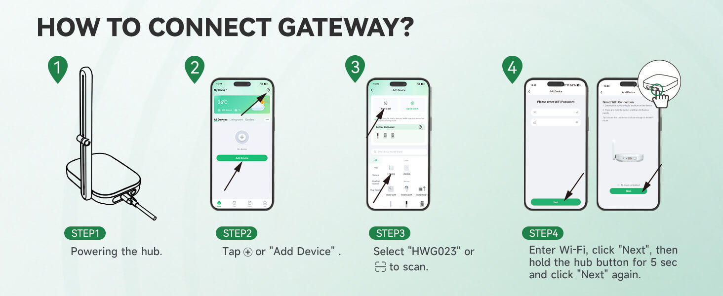 Instructions for connecting a gateway with mobile device steps.