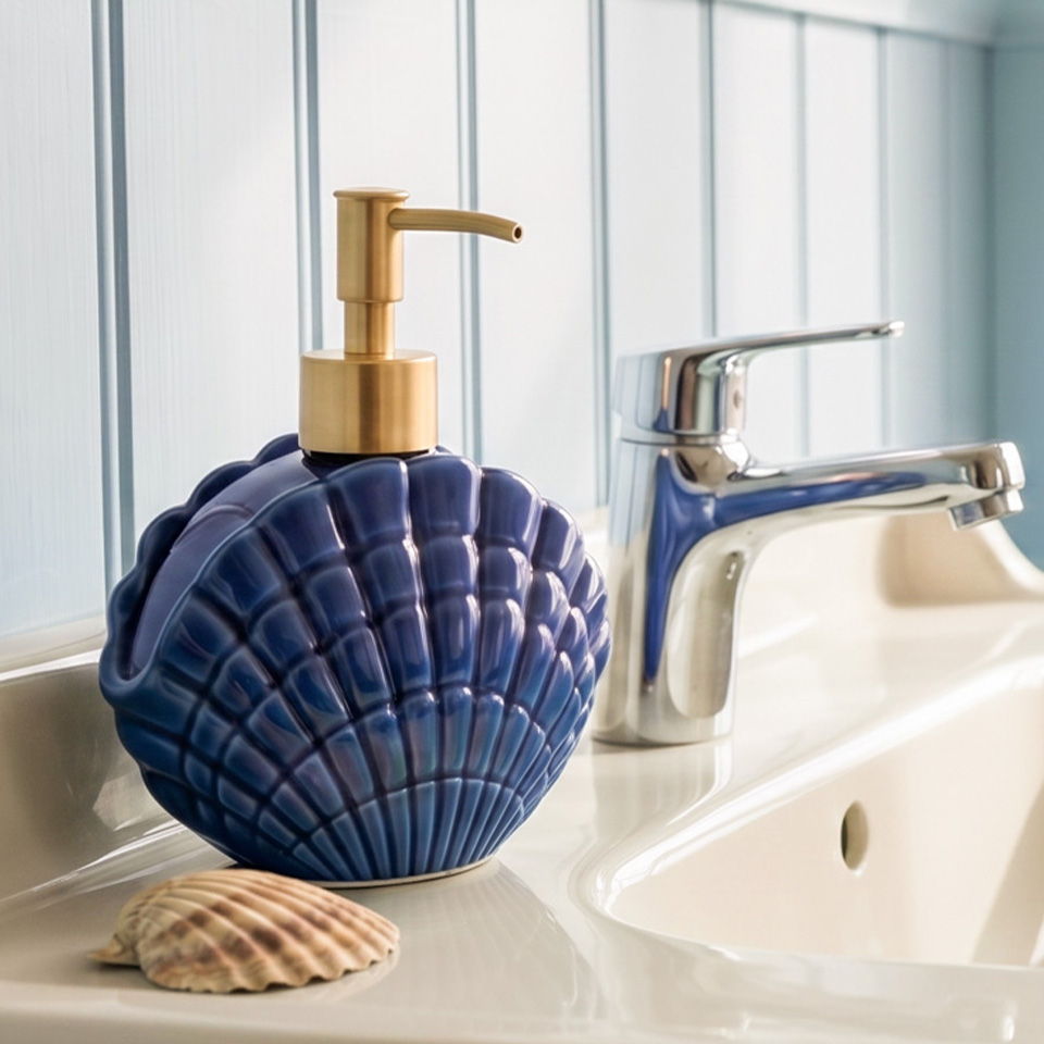 Blue shell-shaped soap dispenser next to a sink and faucet.