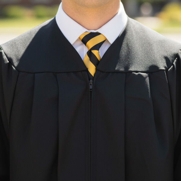 Graduate wearing a black and gold striped necktie with gown