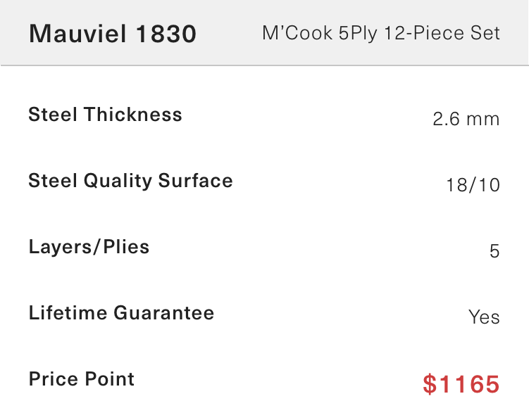 Part of a chart detailing Mauviel cookware thinness, surface, layer count, lifetime guarantee, and more expensive price.