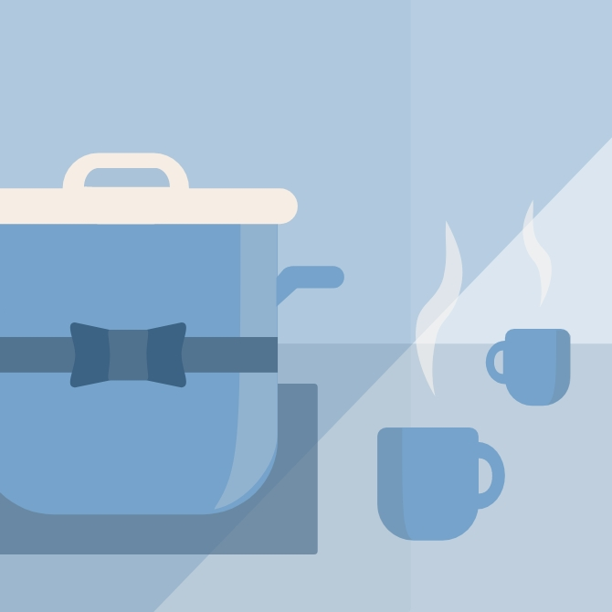 An illustration of two steaming mugs next to a stockpot decorated with a festive ribbon.