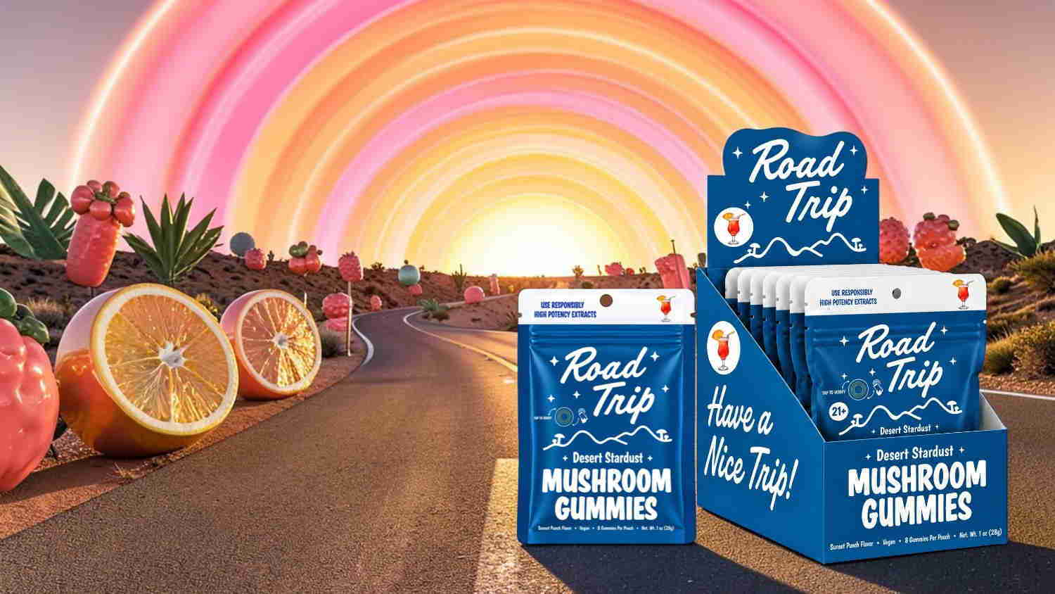 Mushroom gummies packaging with a colorful rainbow and fruit in the background.