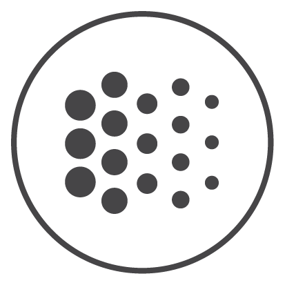 Circular logo with varying sized dots in a pattern.