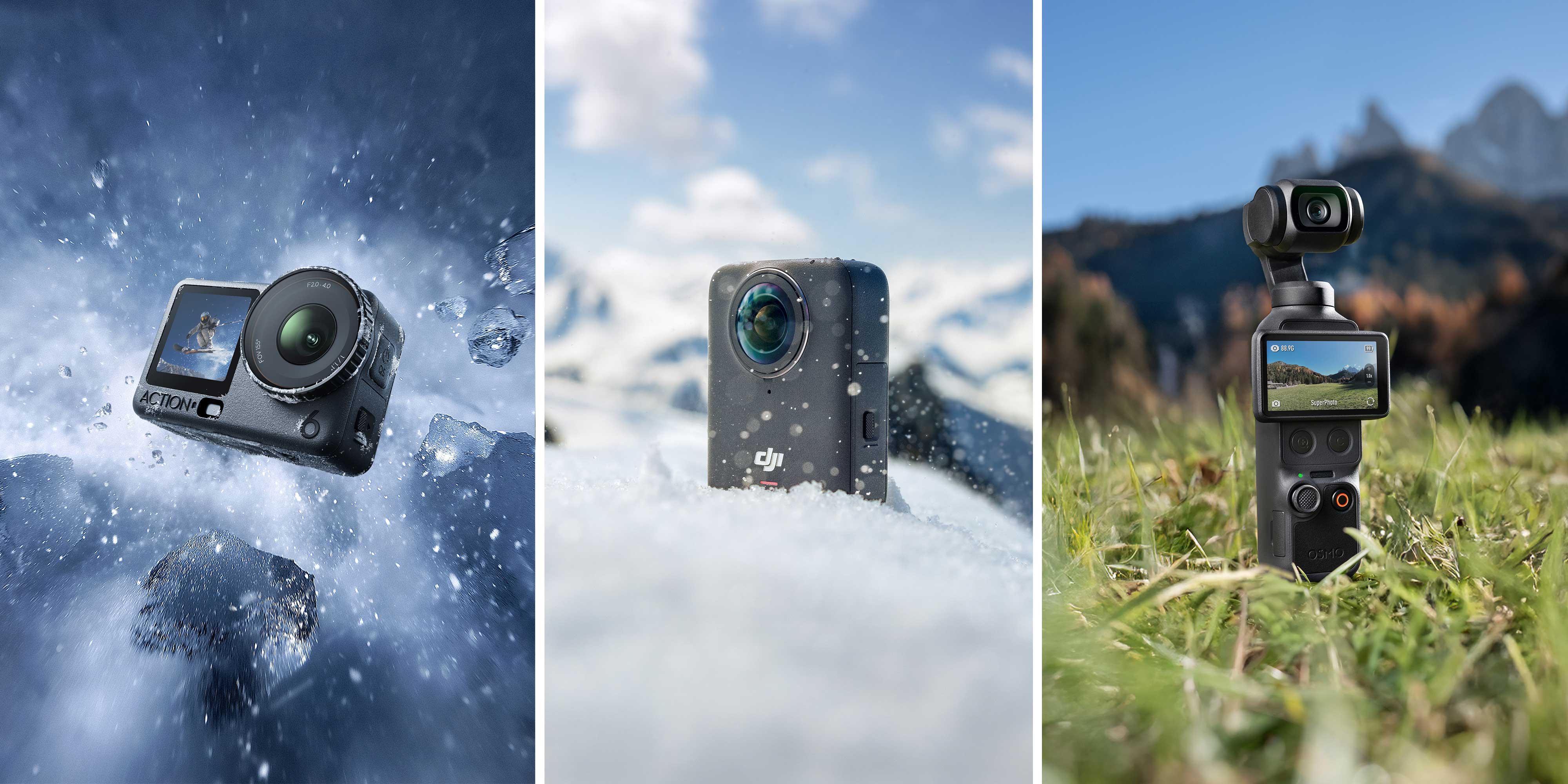 Three cameras in different outdoor settings: Osmo Action 6, Osmo 360, and Osmo Pocket 4
