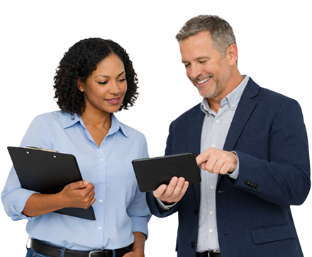Two professionals discussing information on a tablet.