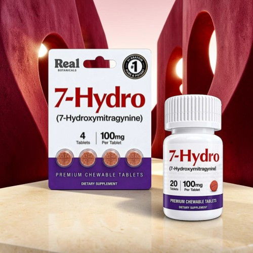 7-Hydro dietary supplement packaging and bottle on a decorative surface.
