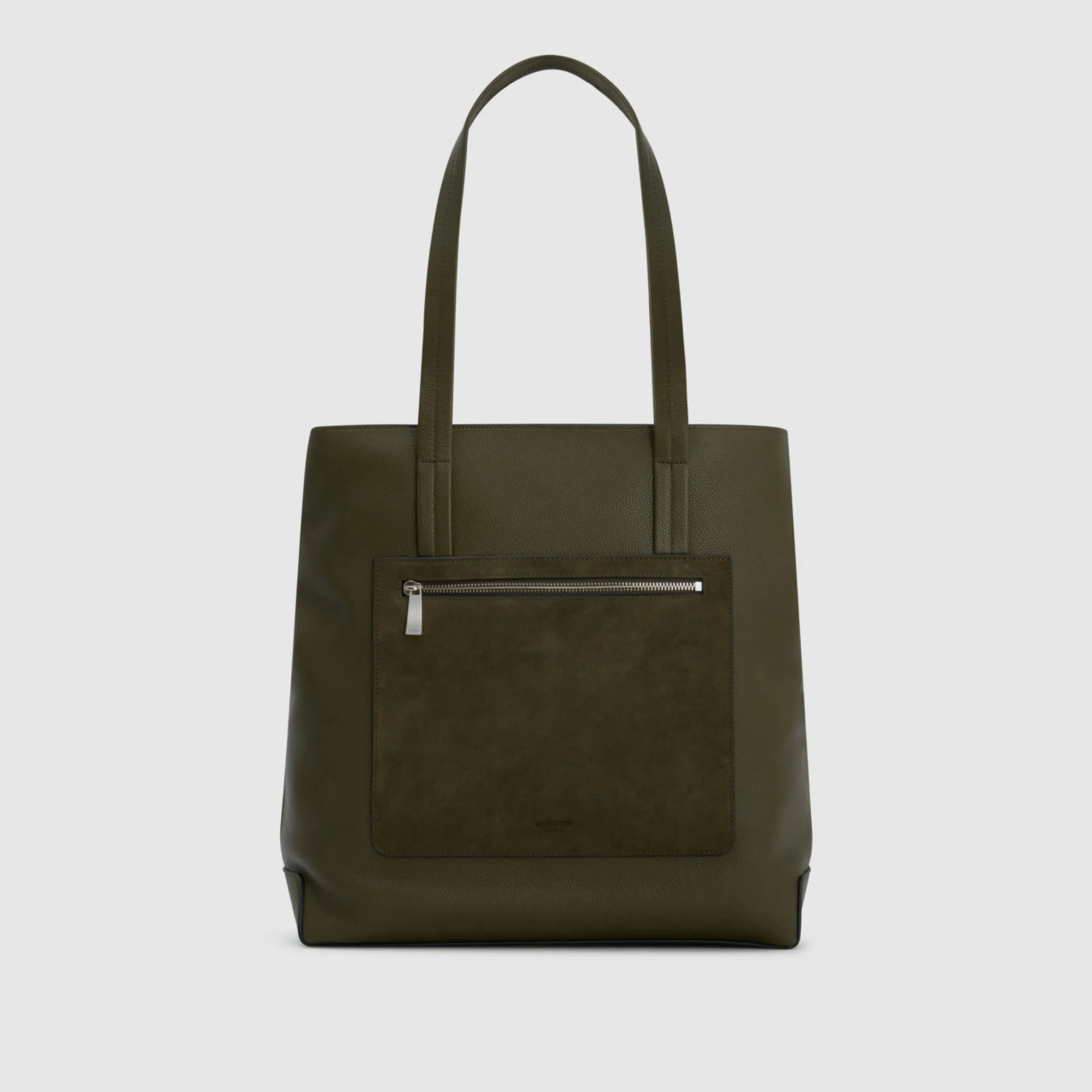 A green tote bag with a front zipper pocket.
