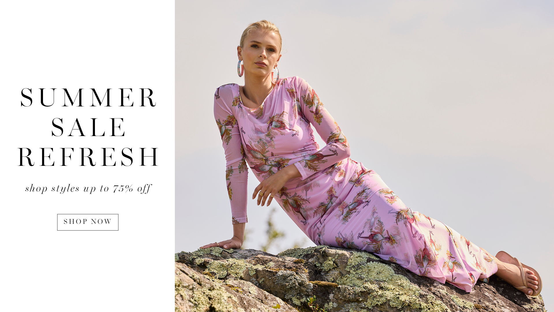 Model in a floral dress promoting a summer sale.