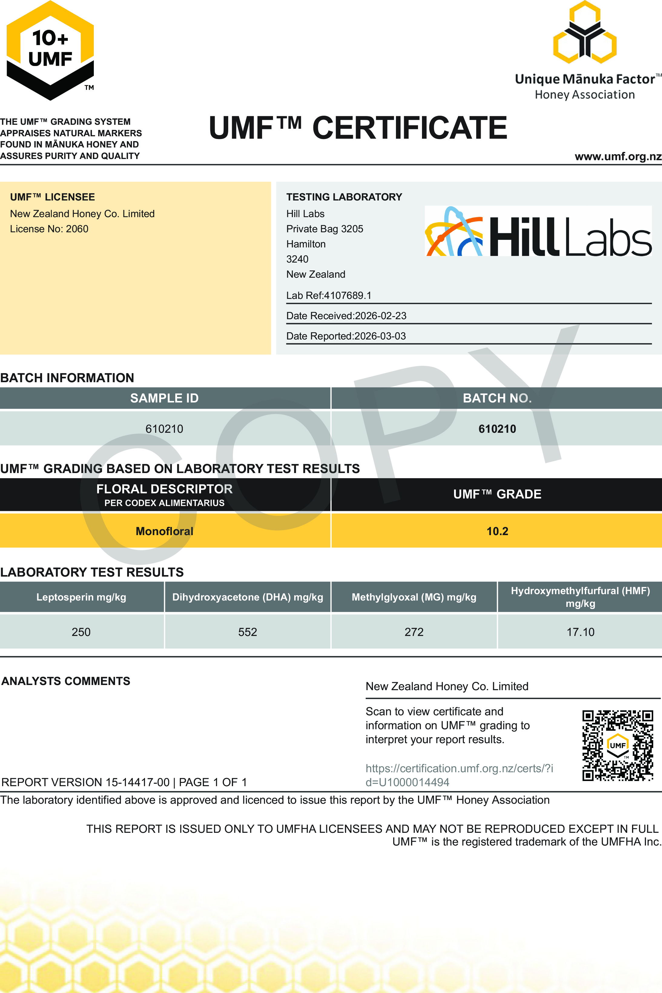 UMF certificate from Hill Labs showing laboratory test results and grading.
