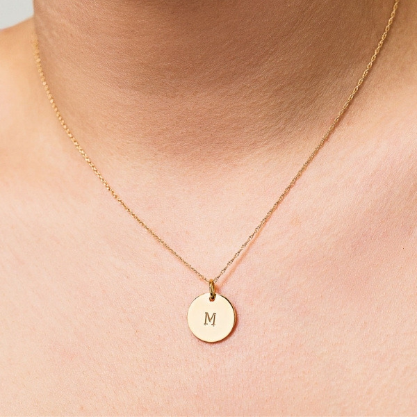 Yellow gold solid disk initial necklace
