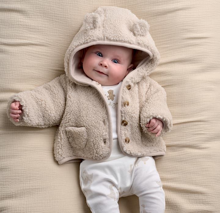 Baby wearing a cozy beige jacket with a hood, smiling on a soft surface.