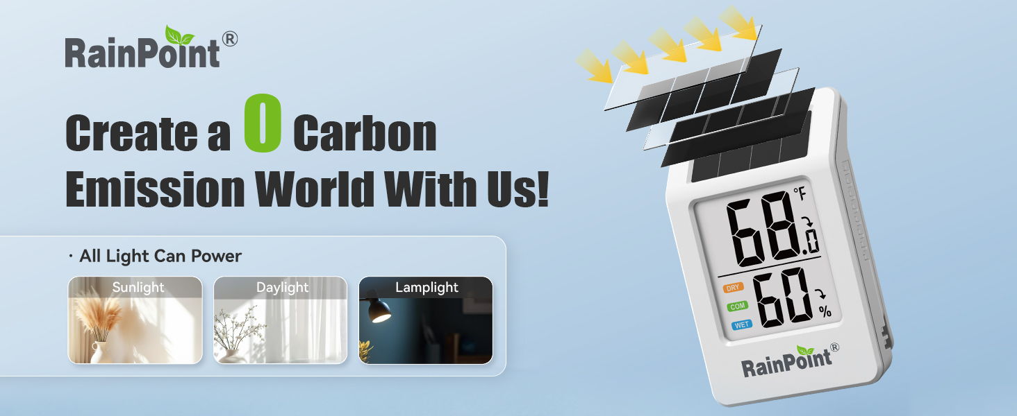 RainPoint carbon emission meter with solar panel, promoting eco-friendly energy use.