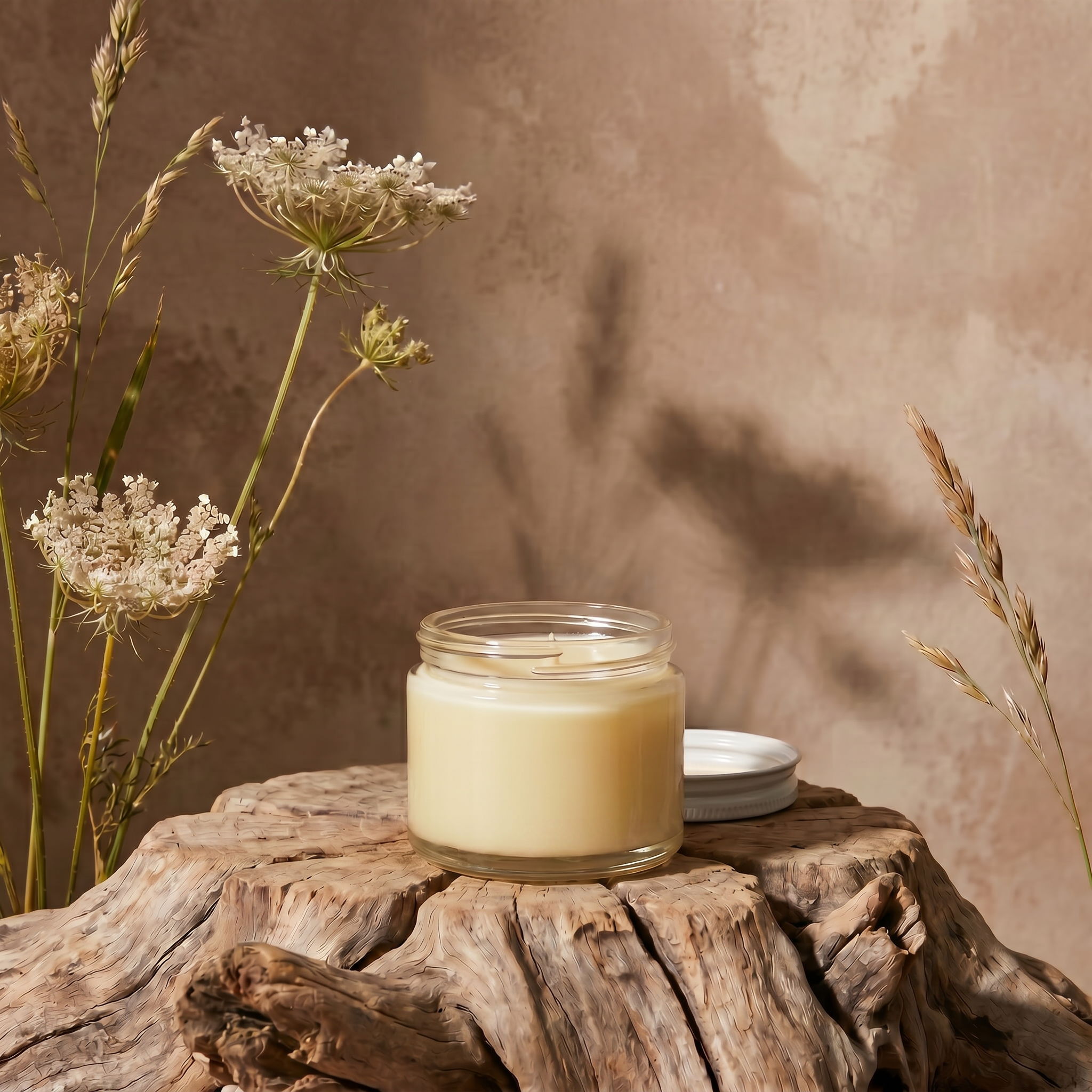 A candle on a wooden stump with dried flowers in the background.