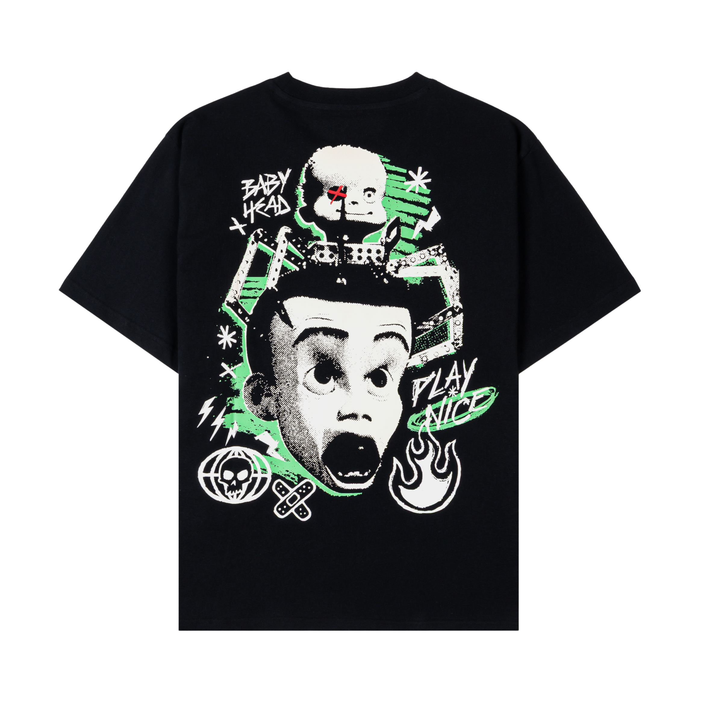 Black t-shirt featuring a white skull and green star graphics.