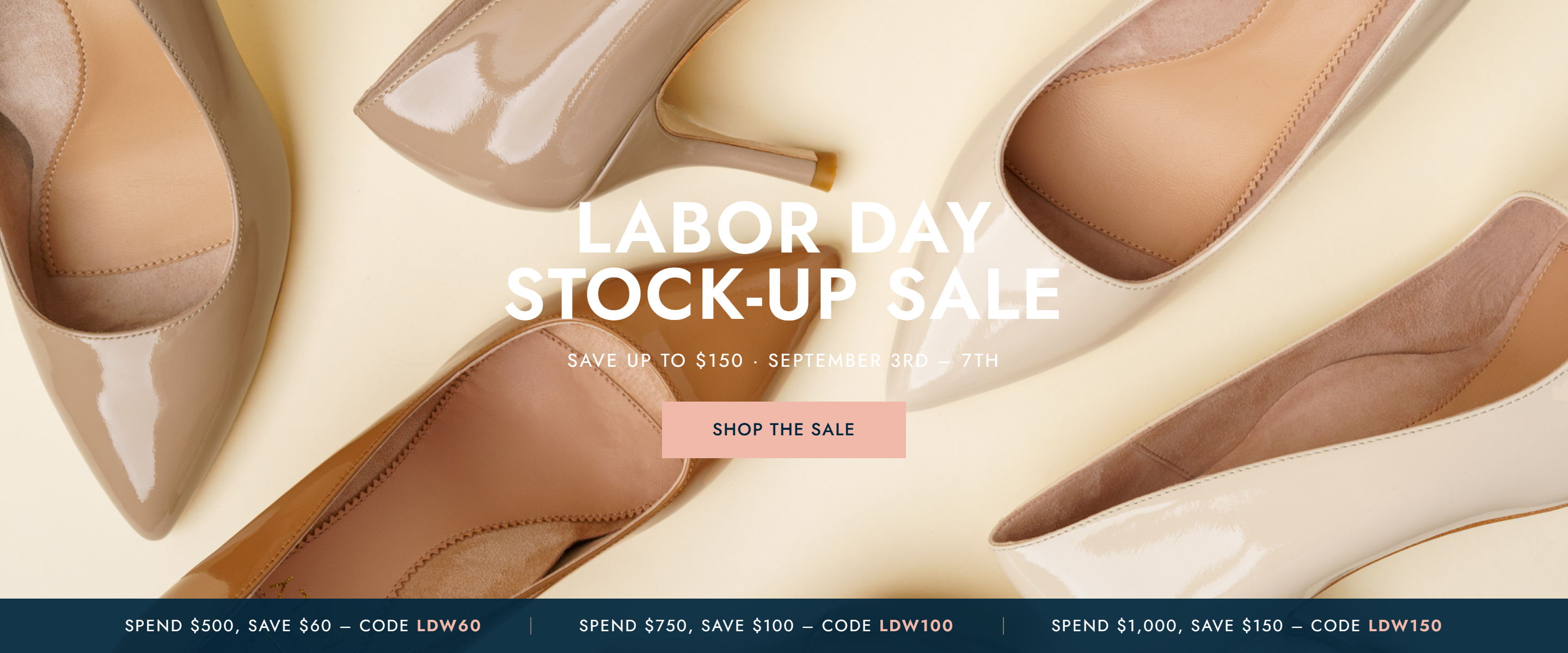 Labor Day stock-up sale featuring various stylish high-heeled shoes.