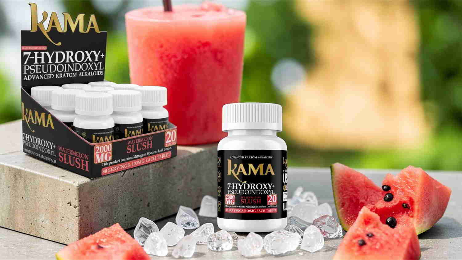 Bottle of supplements with watermelon and drink on a wooden surface.