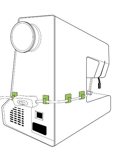 line drawing of sewing machine light strip attached to machine with power cord and on/off switch