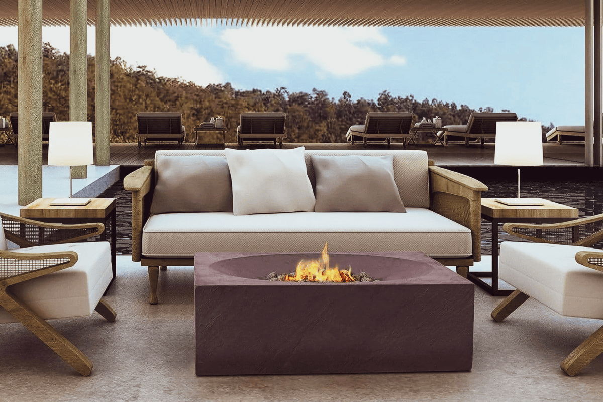  Resort-style outdoor lounge seating with rectangular fire pit table and poolside chaise lounges.