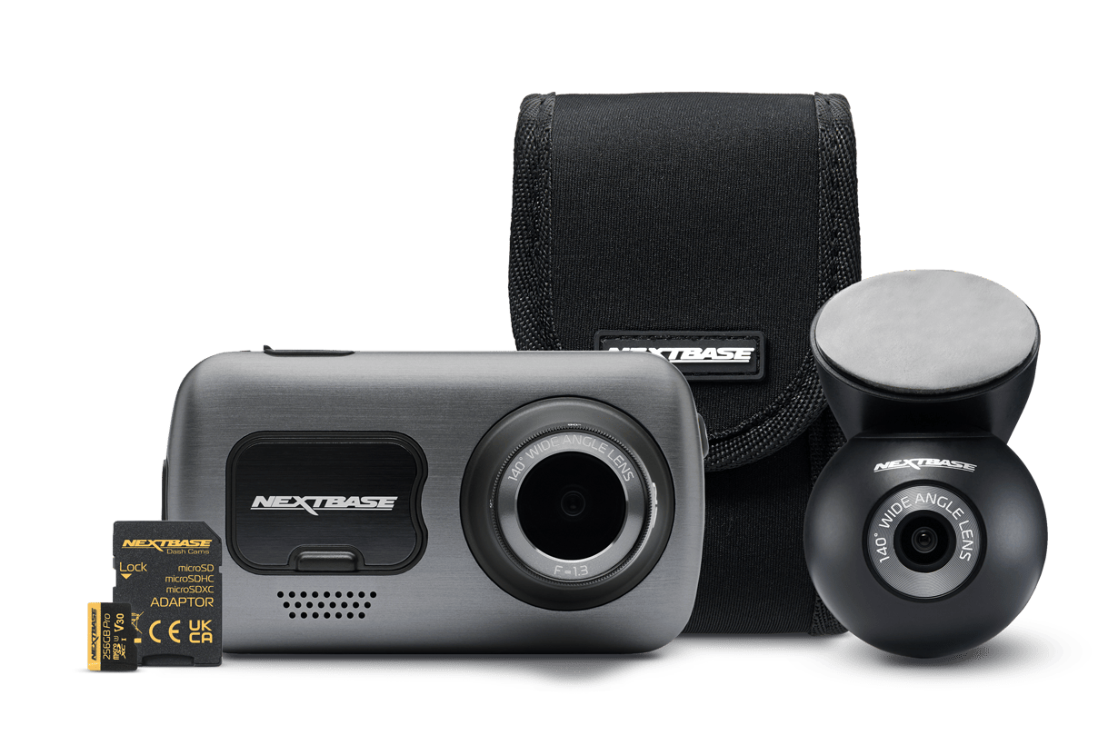 Dashcam and accessories with a protective case and memory card.