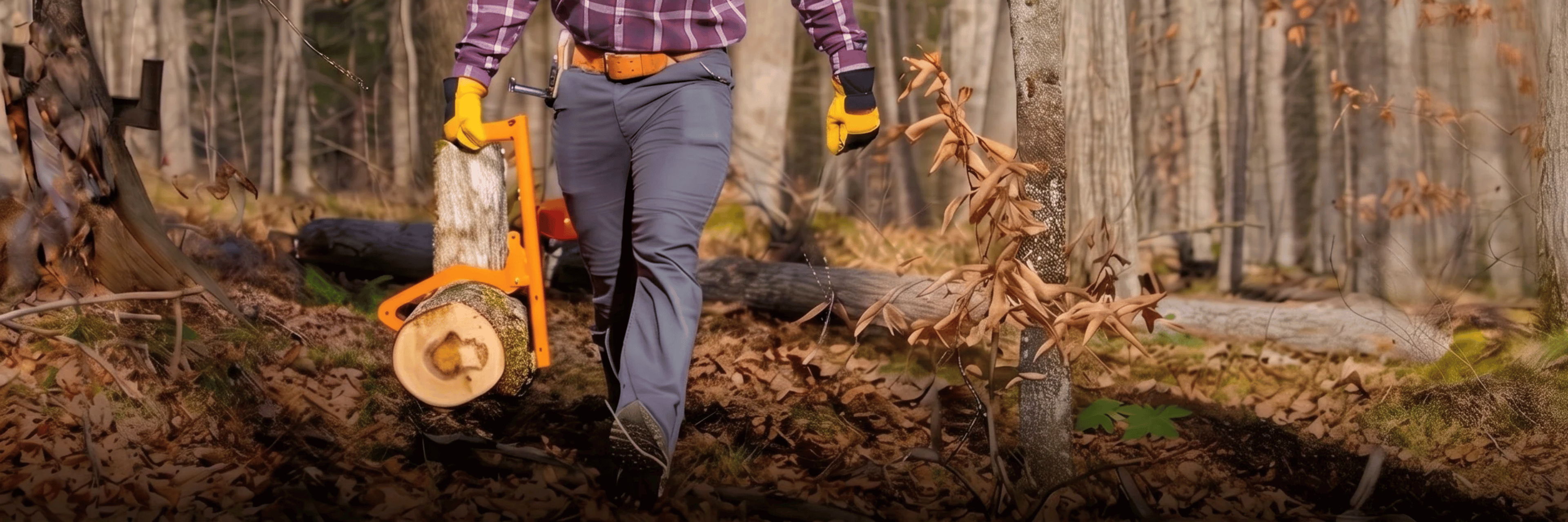 Person walking in a forest carrying a chainsaw.