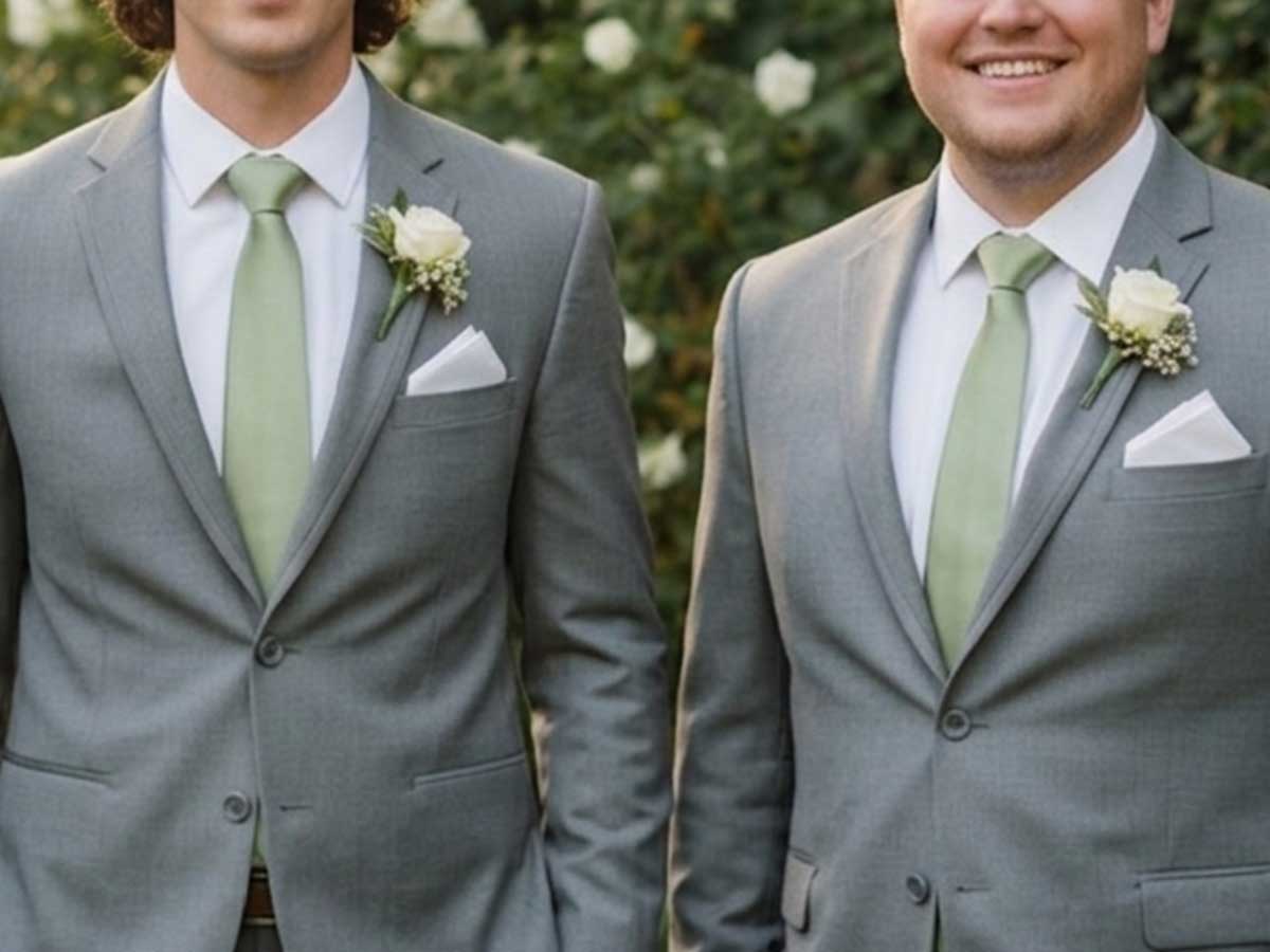 Groomsmen wearing sage ties with white pocket squares and gray suits