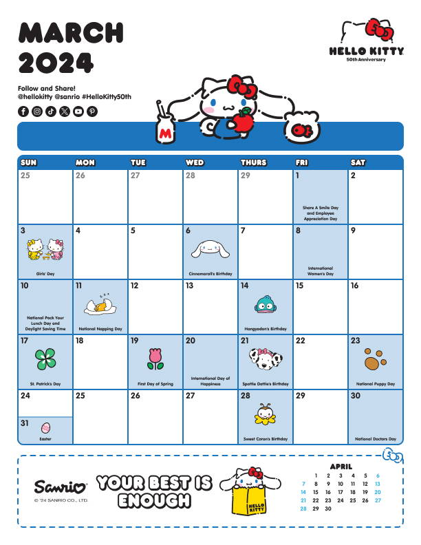 Sanrio Friend of the Month March 2024 Calendar featuring Cinnamoroll.