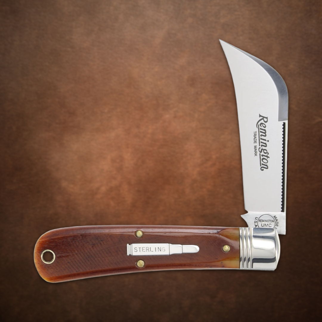 A folding knife with a wooden handle and curved stainless steel blade.