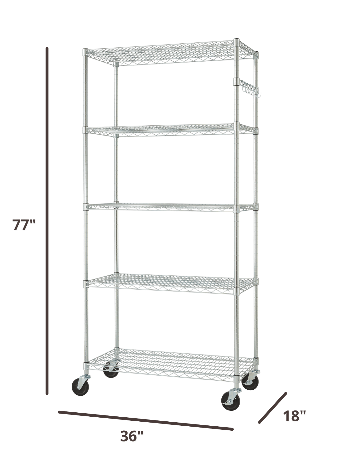 77 inches tall by 36 inches wide wire shelving rack in chrome