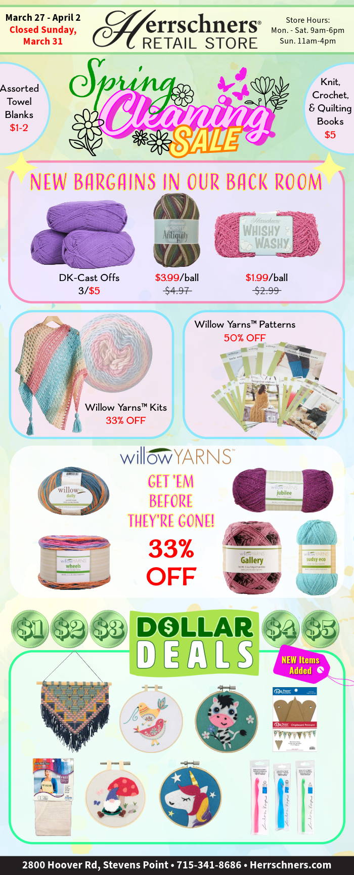 Current Retail Store Specials: Spring Cleaning Sale! New Items Added to our Back Room and Dollar Deals! Image: Featured Yarns and Kits.