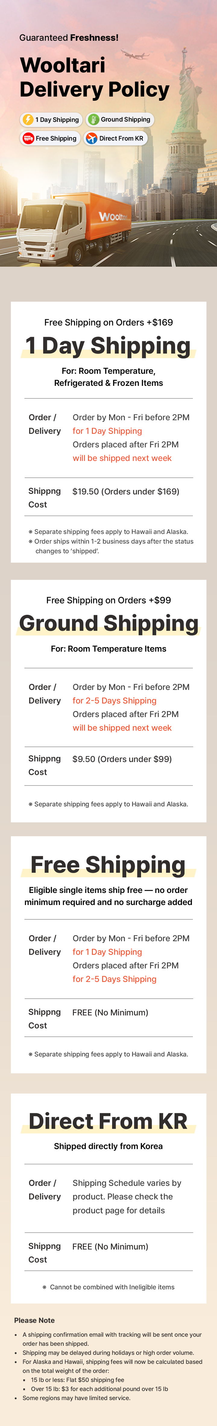 Wooltari delivery policy with shipping details and costs for various options.