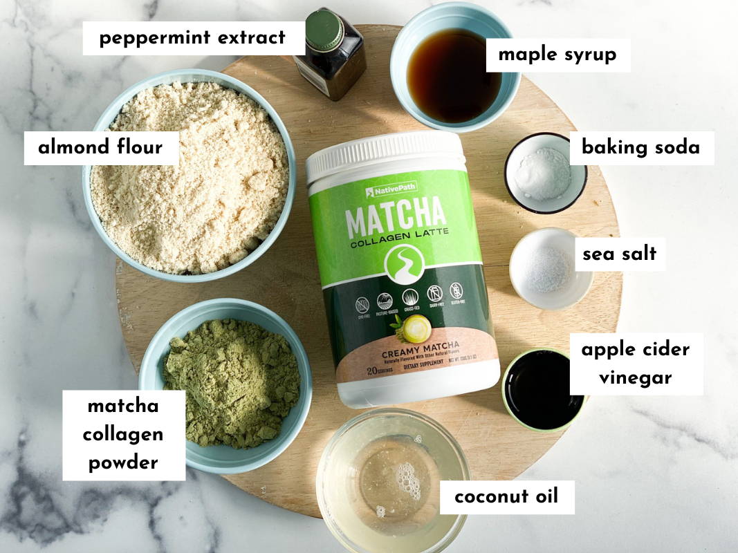 Ingredients for Paleo Matcha Collagen Cookies. Top View.