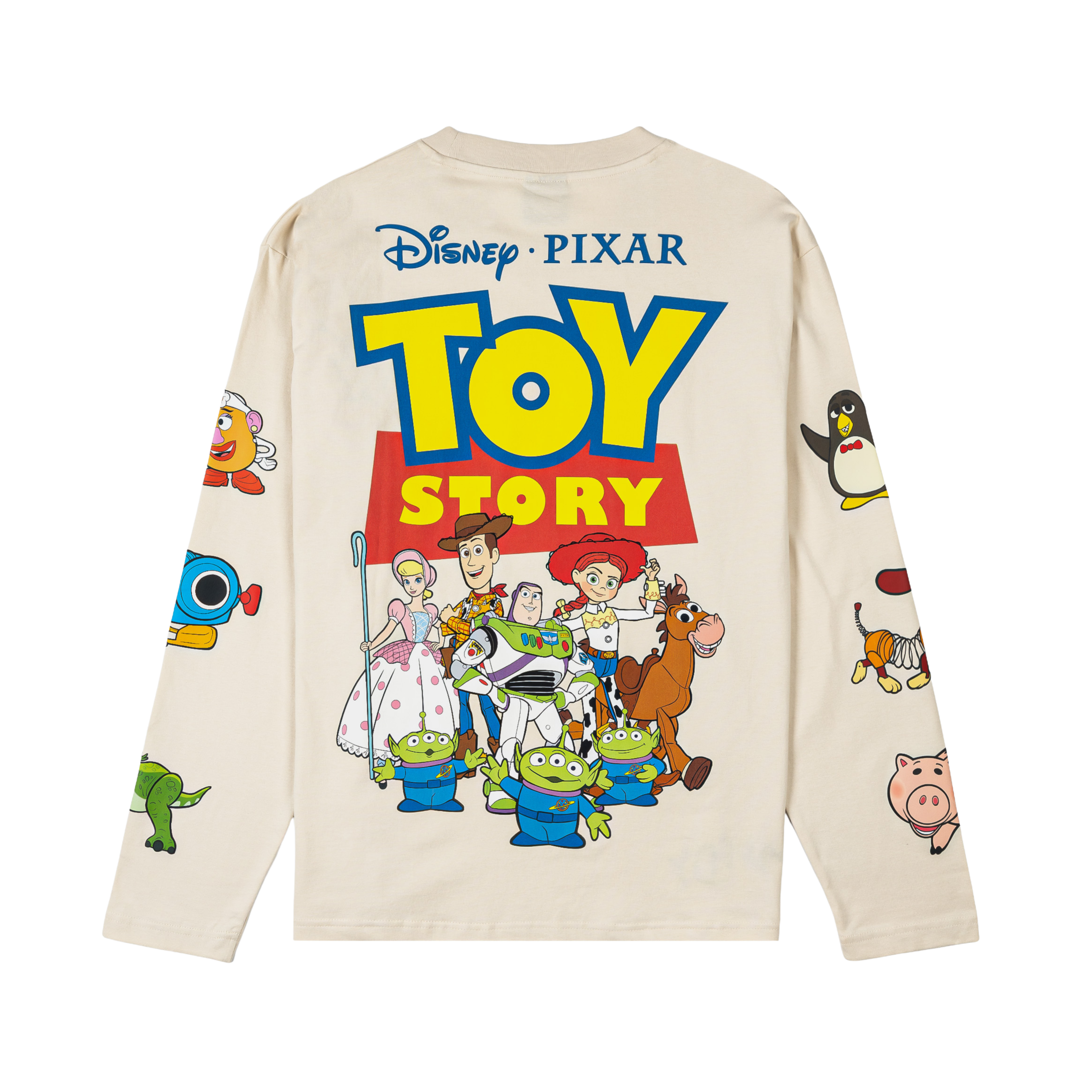 Light cream long-sleeve shirt featuring Toy Story characters on sleeves and chest.