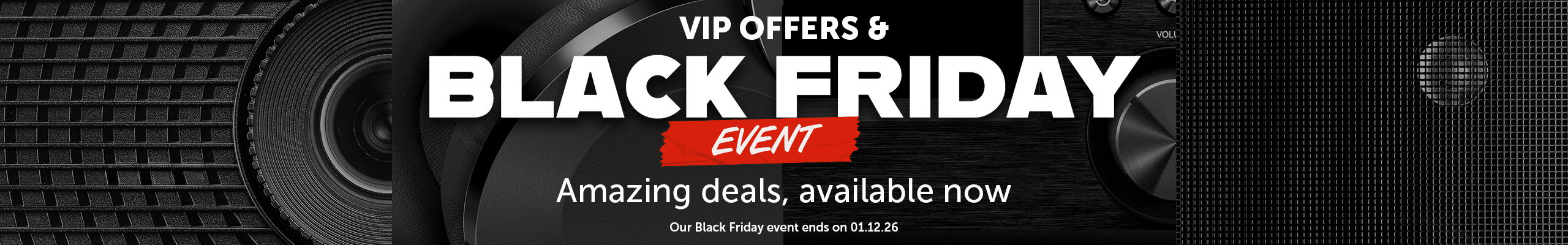 Black Friday sale banner with promotional text and design elements.