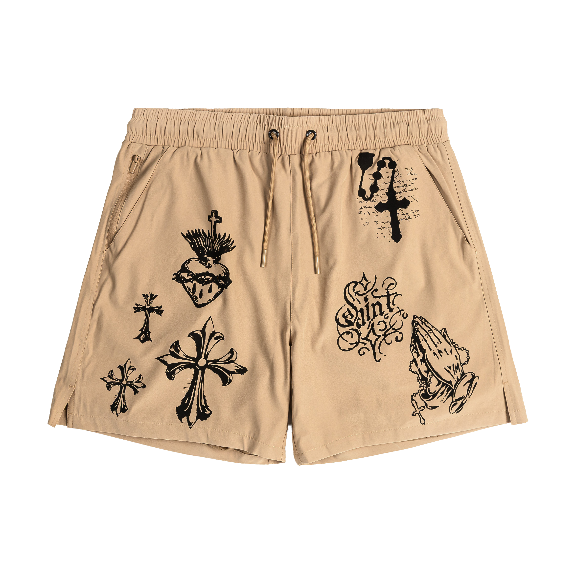 Beige swim shorts with various black graphic designs and cross patterns.