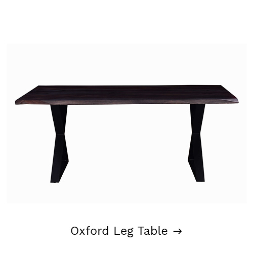 Oxford live edge table in dark grey-brown with black metal base.