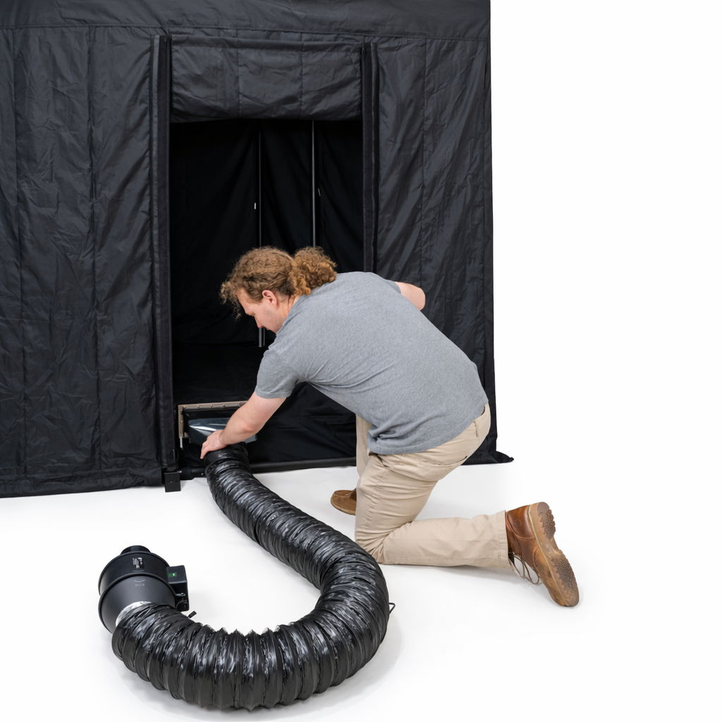 Shielded honeycomb air vent with ducting attached to a Faraday tent