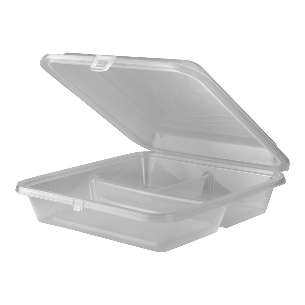 Clear plastic food container with a hinged lid, partially open.