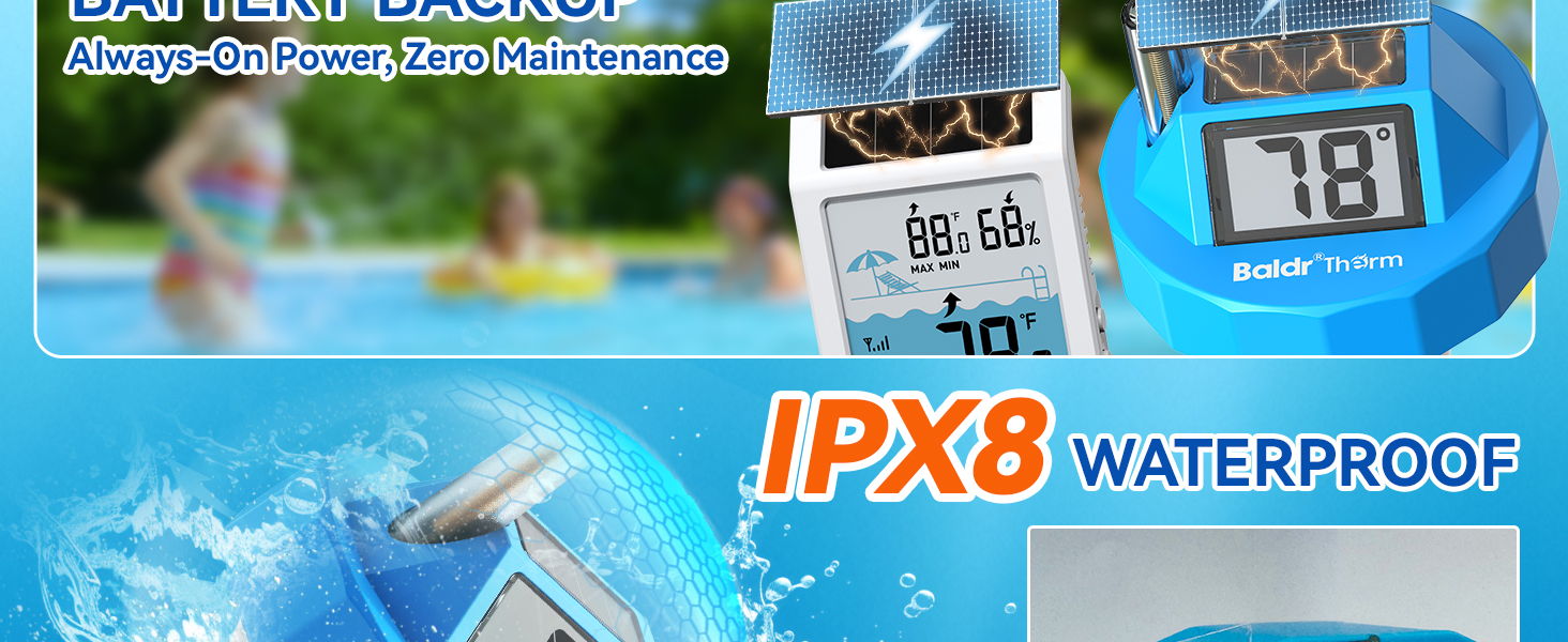 Waterproof device advertisement with pool and temperature display.