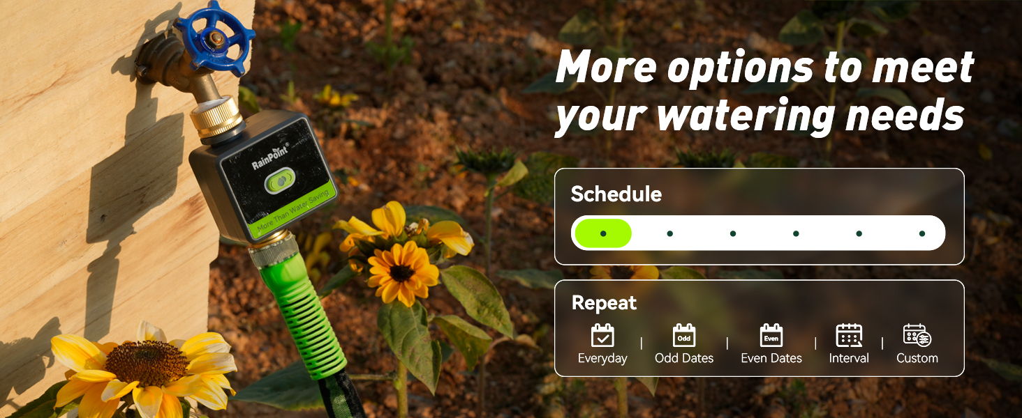 Watering device with controls and sunflowers in background.