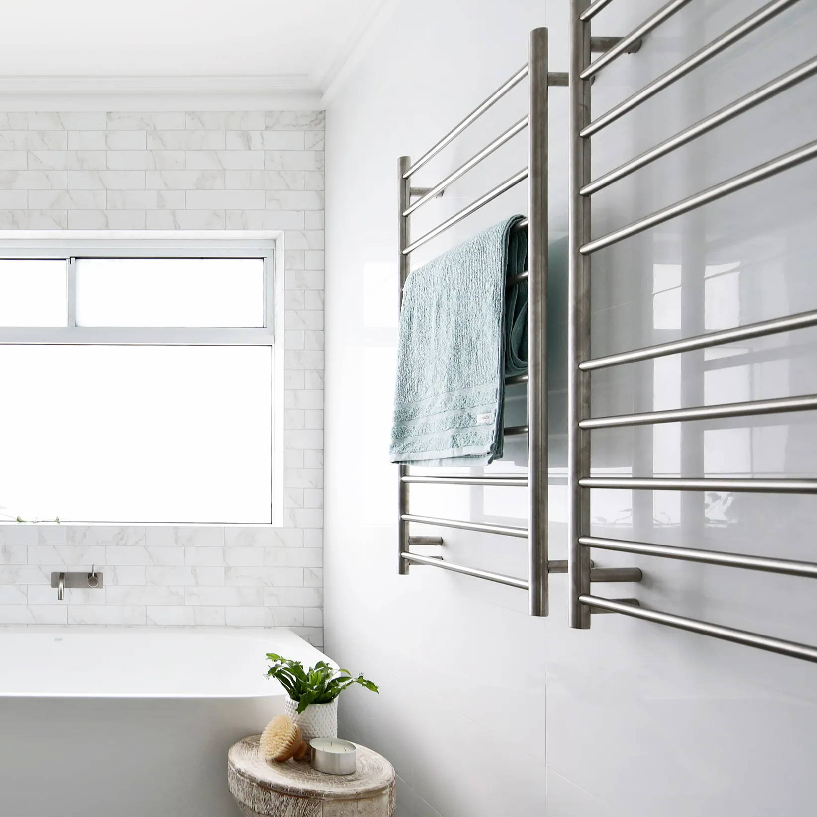 Brushed Nickel Heated Towel Rails | The Blue Space