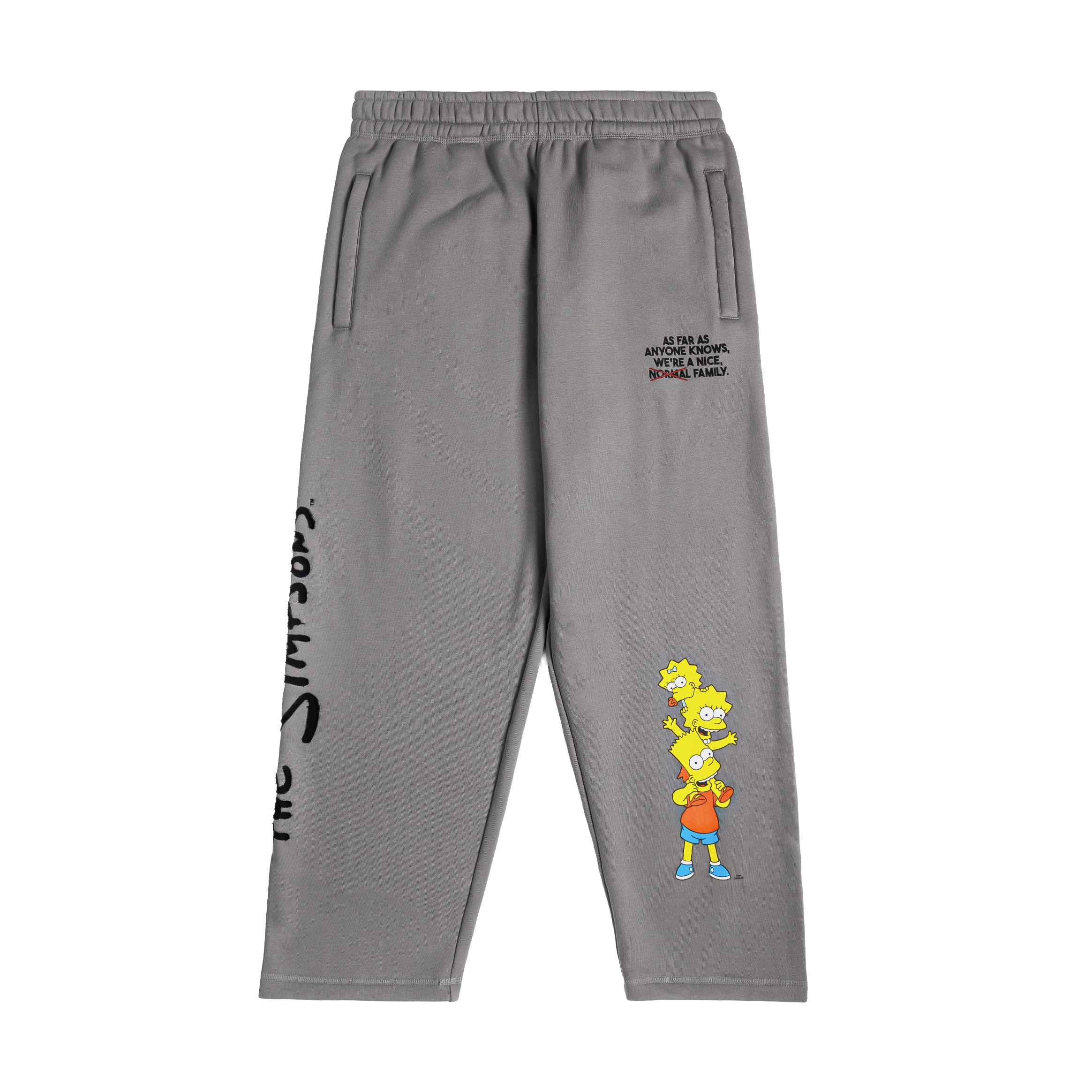 Gray sweatpants featuring cartoon character and logo design.