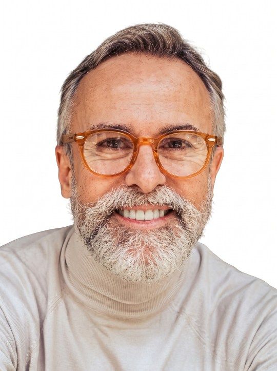 old man looking younger wearing Fierce Brown colorful eyeglasses