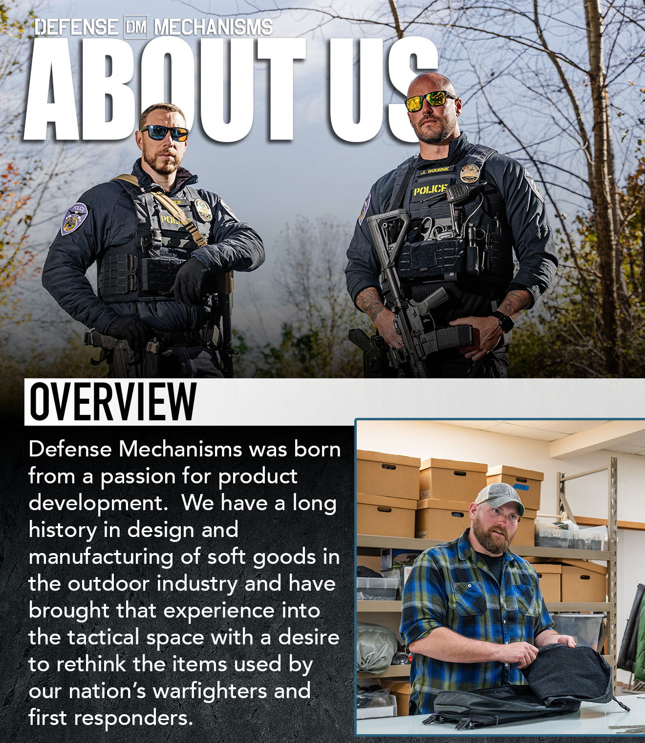 Two armed individuals in outdoor gear, and a man working in an office.